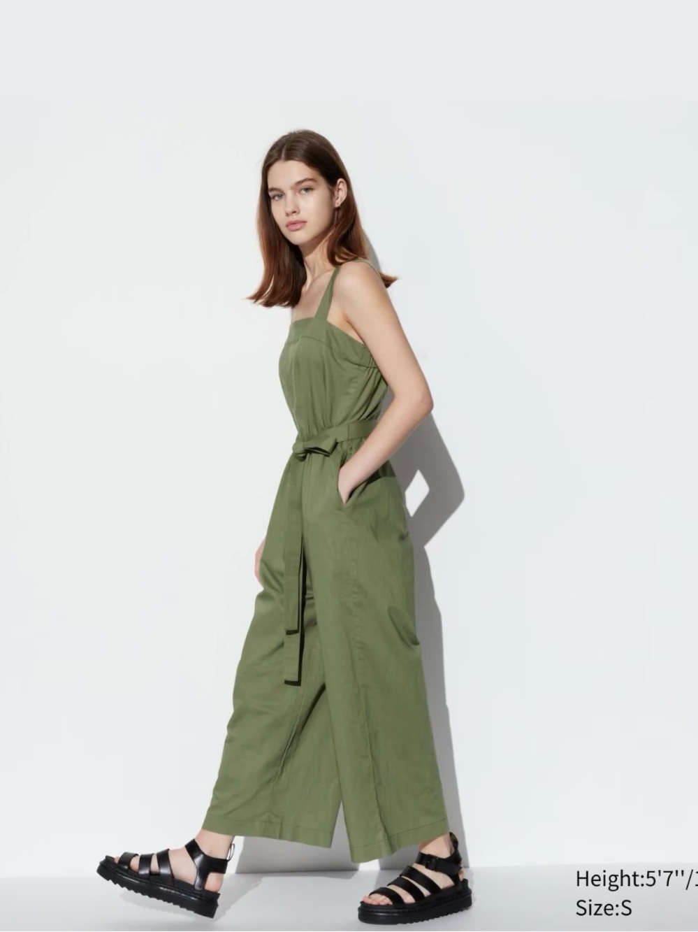Uniqlo Olive Green Tie-Waist Wide-Leg Jumpsuit